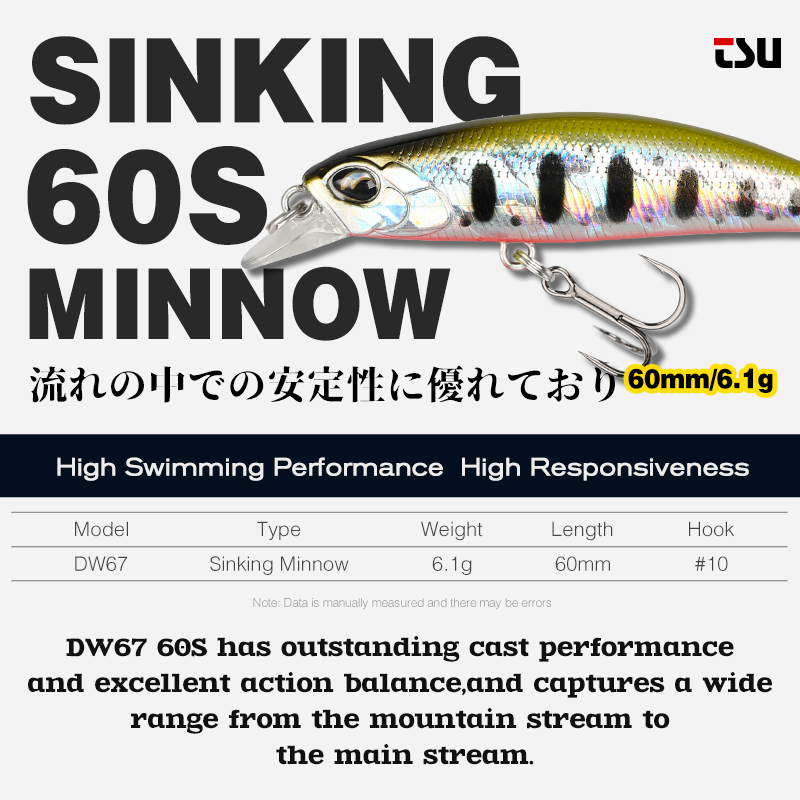 TSURINOYA  Sinking Minnow 60S  - Fishing Lure Jerkbait 리뷰 및 가격